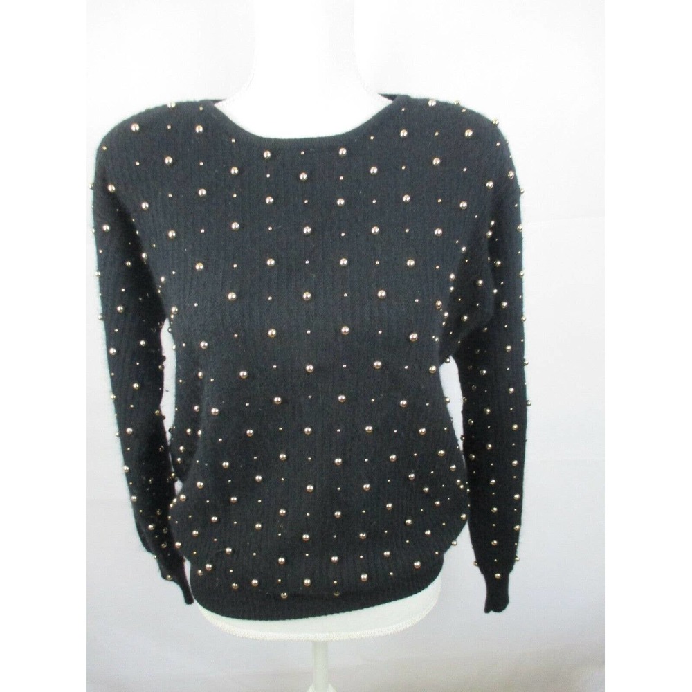 Liz Claiborne S Lamb Wool Angora Gold Beads Black Knit Sweater Black Gold Beads